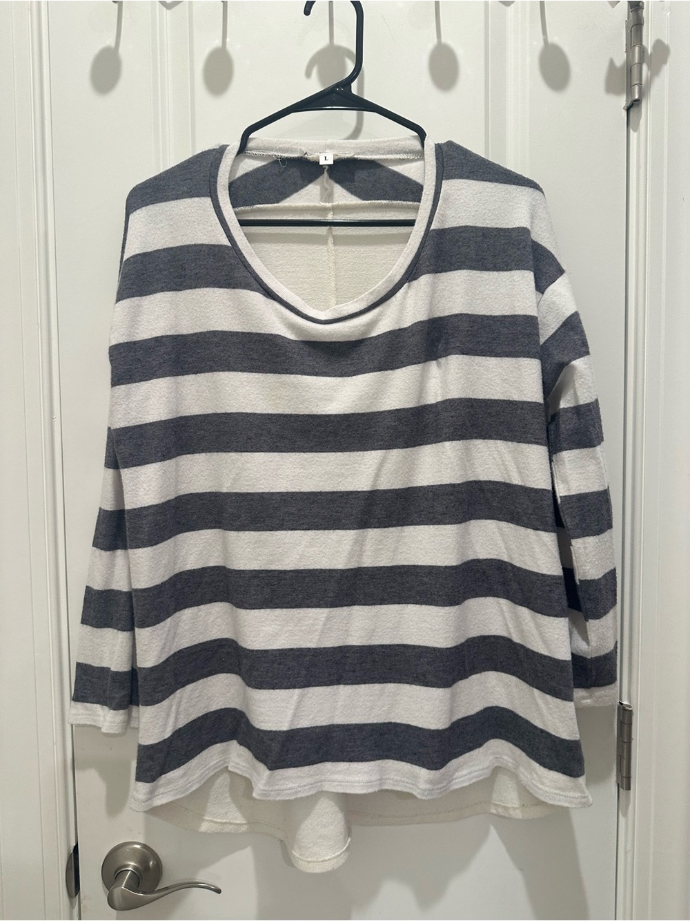 WONDERLAND Gray and White Striped Scoop Neck Sweater